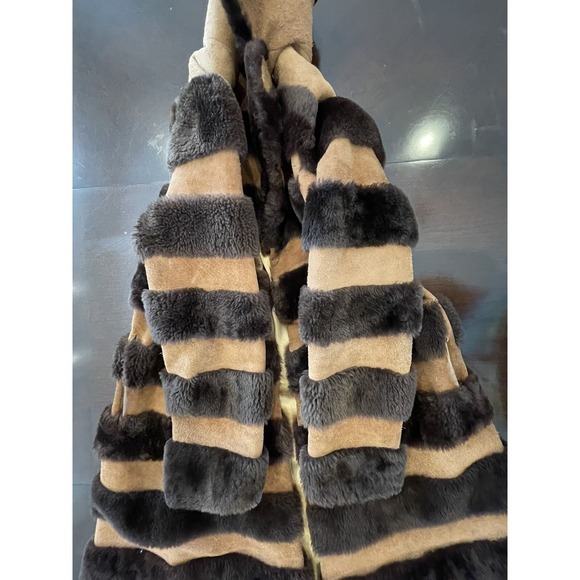 Vintage 70s Mouton Fur Long Coat Suede Stripe Shearling Retro Boho Glam XXS READ - Picture 6 of 16